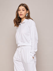 Women White Terry Oversized Zipper Sweatshirt