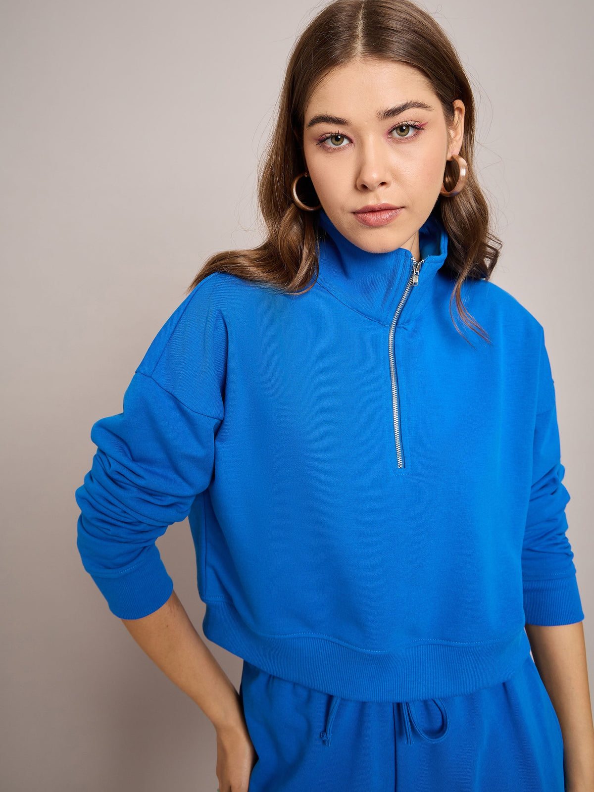 Women Royal Blue Terry Oversized Zipper Sweatshirt