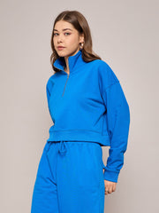 Women Royal Blue Terry Oversized Zipper Sweatshirt