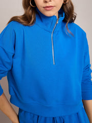 Women Royal Blue Terry Oversized Zipper Sweatshirt