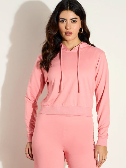 Women Pink Terry Regular Hoodie