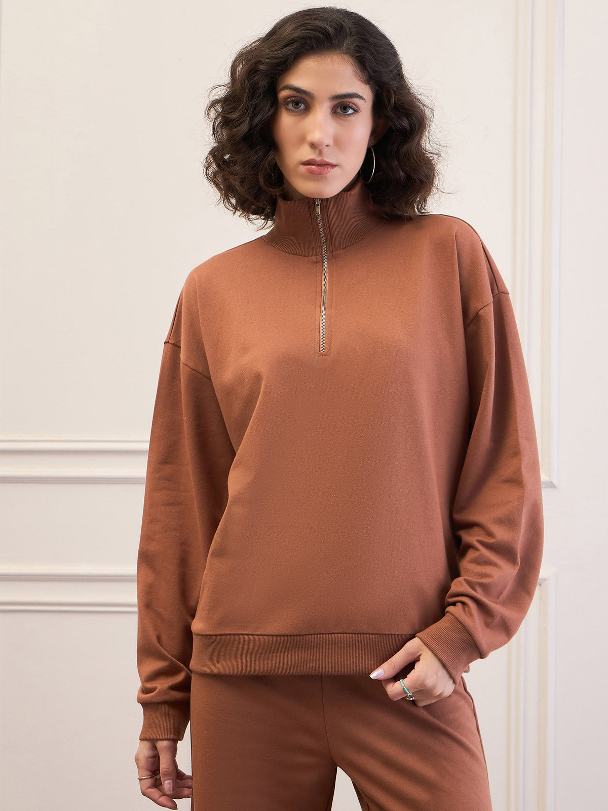 Women Brown High-Neck Sweatshirt