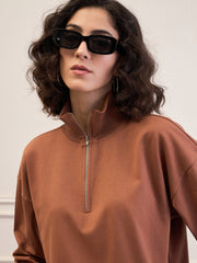 Women Brown High-Neck Sweatshirt