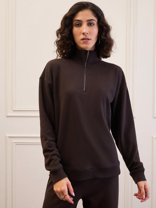 Women Dark Brown High-Neck Sweatshirt