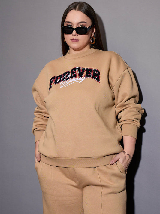 Women Beige Fleece FOREVER YOUNG Emb Sweatshirt