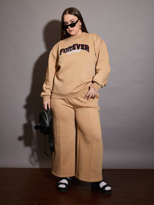 Women Beige Fleece FOREVER YOUNG Emb Sweatshirt