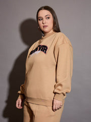 Women Beige Fleece FOREVER YOUNG Emb Sweatshirt