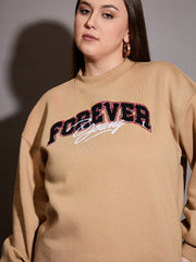 Women Beige Fleece FOREVER YOUNG Emb Sweatshirt