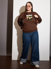 Women Brown Fleece FUNNKY VIBES Emb Sweatshirt