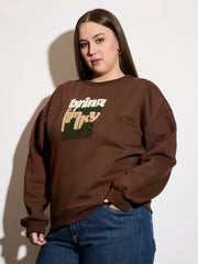 Women Brown Fleece FUNNKY VIBES Emb Sweatshirt