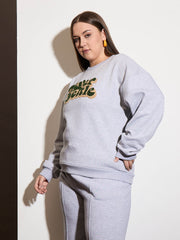 Women Grey Melange Fleece NEVER SETTLE Emb Sweatshirt