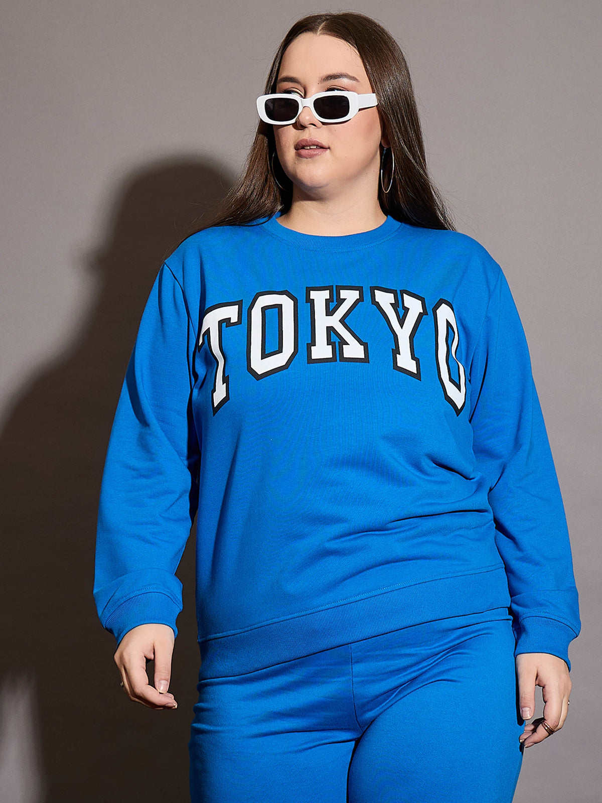 Women Royal Blue Terry TOKYO Printed Sweatshirt