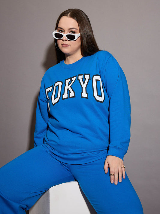 Women Royal Blue Terry TOKYO Printed Sweatshirt