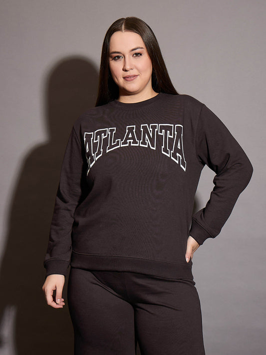 Women Coffee Brown Terry ATLANTA Printed Sweatshirt