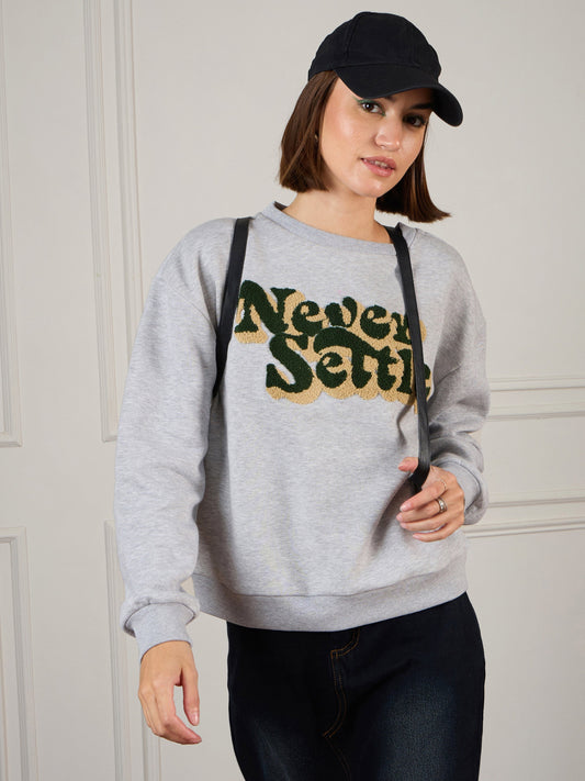 Women Grey Melange Premium Fleece Sweatshirt