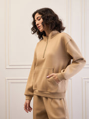 Women Beige Fleece Front Zipper Sweatshirt