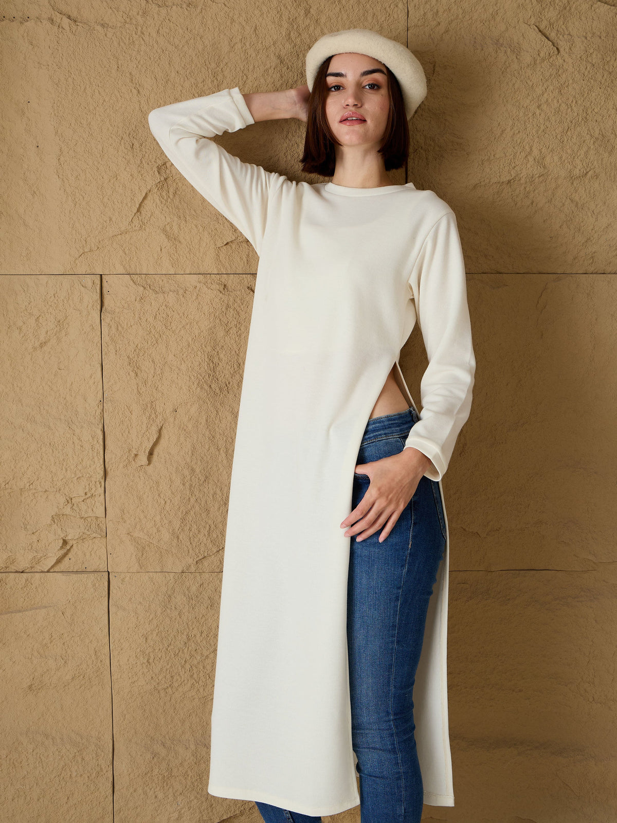 Women Off-White Round-Neck High Slit Sweater