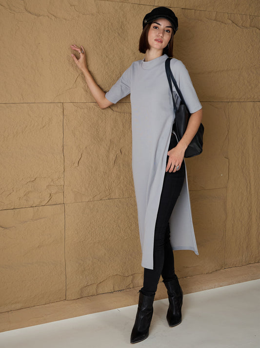 Women Grey High-Neck High Slit Sweater