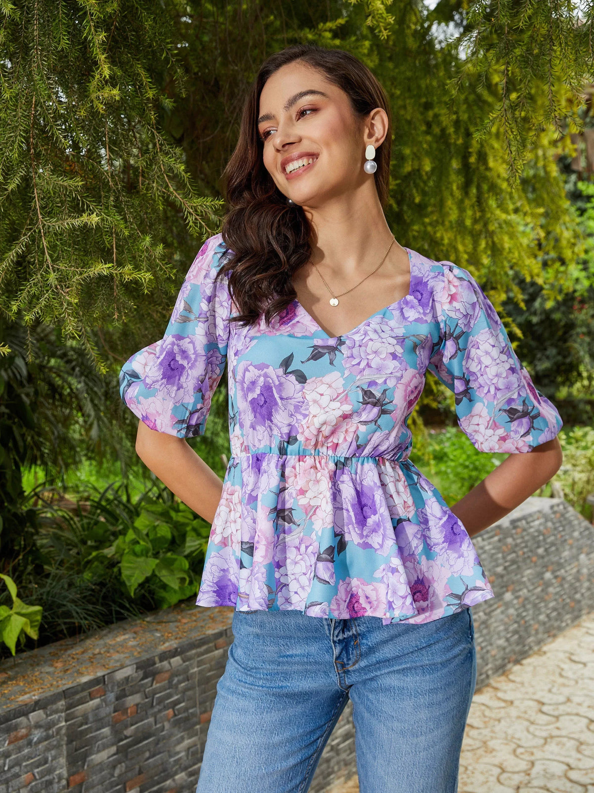 Women Turquoise Floral Back Criss Cross Peplum Top