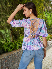 Women Turquoise Floral Back Criss Cross Peplum Top