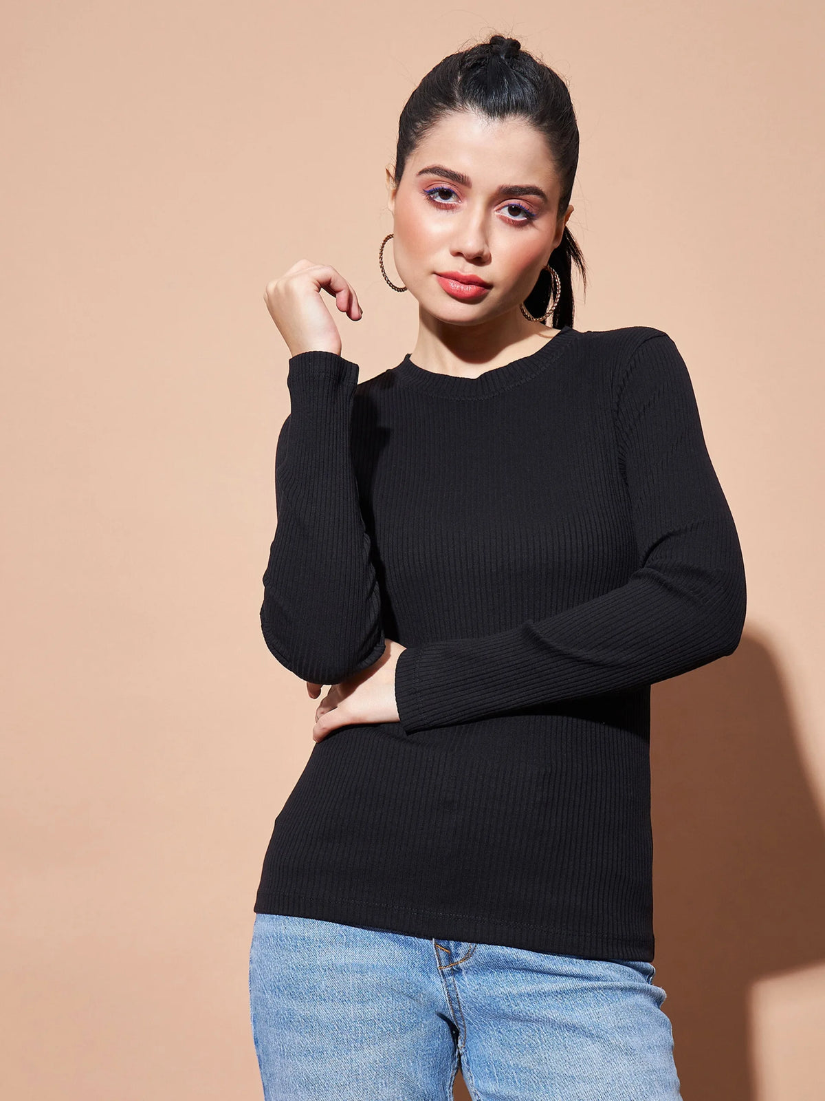 Women Black Full Sleeves RIb Top