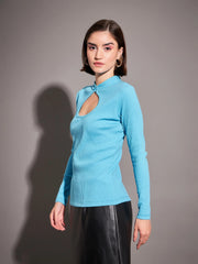 Women Turquoise Rib Neck Cut Out Top