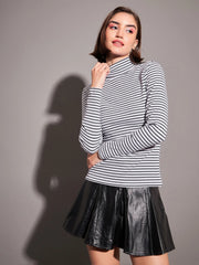 Women Black & White Striped Rib High Neck Top