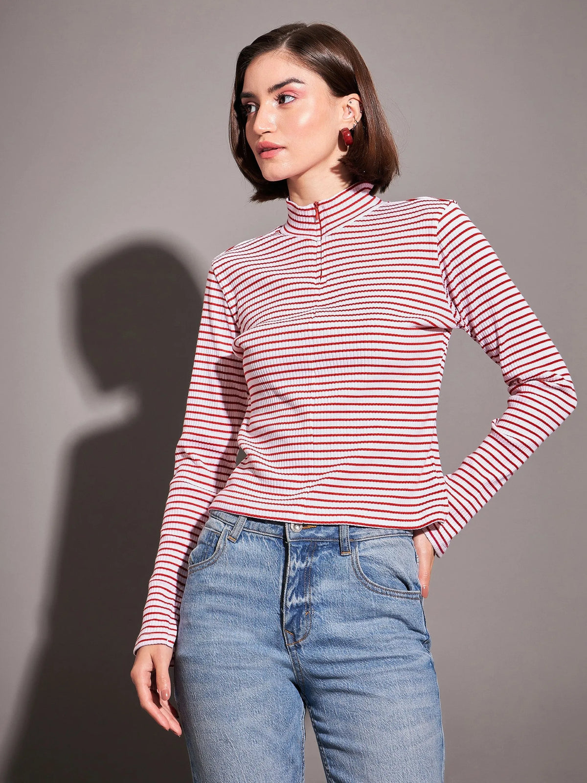 Women Red & White Striped Rib High Neck Front Zipper Top