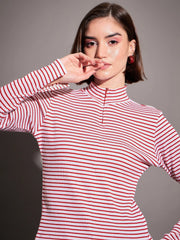 Women Red & White Striped Rib High Neck Front Zipper Top