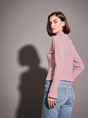 Women Red & White Striped Rib High Neck Front Zipper Top