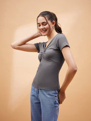 Women Grey Rib Twisted Neck Top