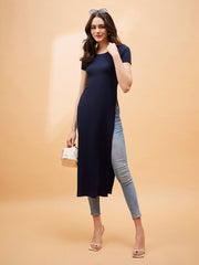 Women Navy Blue Rib Side Slit Longline Top