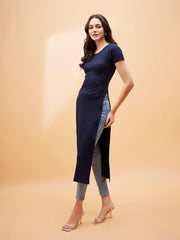 Women Navy Blue Rib Side Slit Longline Top