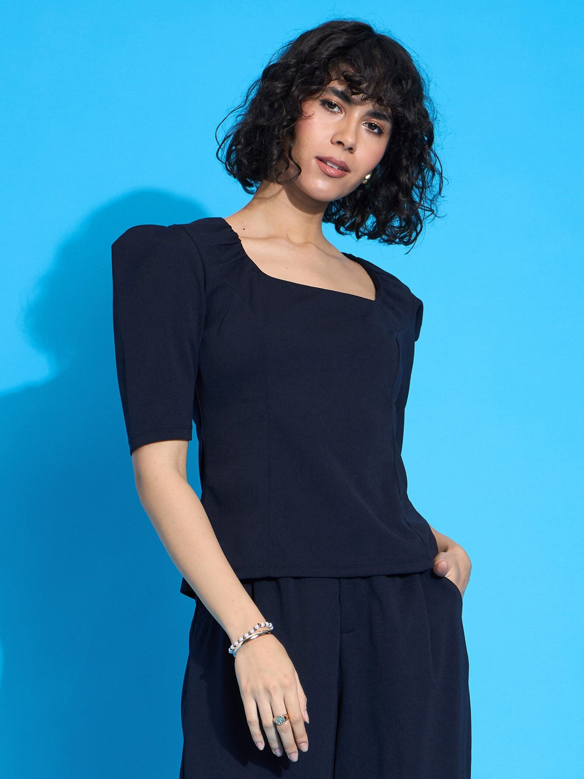 Women Navy Square Neck Puff Sleeve Top