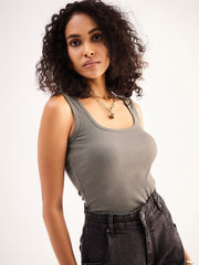 Women Grey Rib Sleveeless Square Neck Top