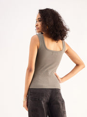 Women Grey Rib Sleveeless Square Neck Top