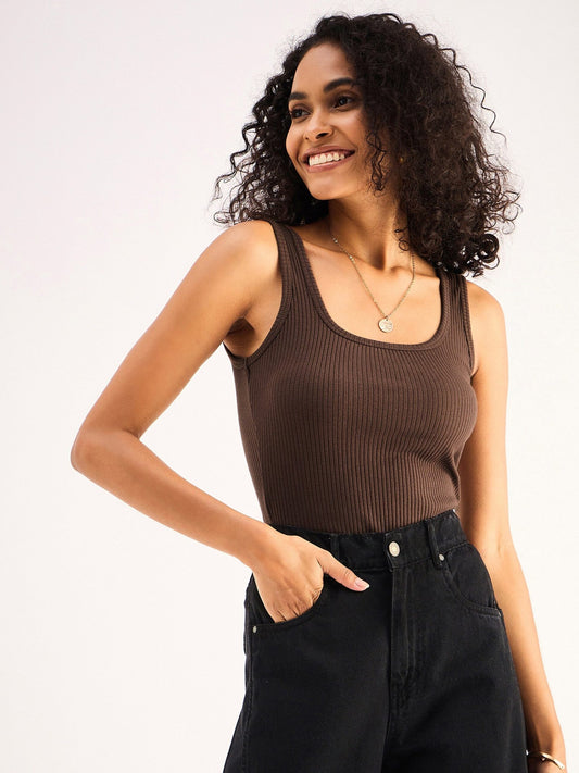 Women Brown Rib Sleveeless Square Neck Top