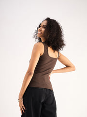 Women Brown Rib Sleveeless Square Neck Top