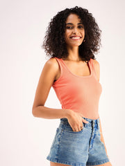 Women Peach Rib Sleveeless Square Neck Top