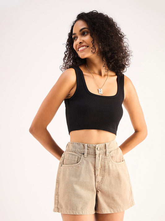 Women Black Rib Square Neck Cropped Tank Top