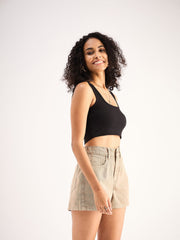 Women Black Rib Square Neck Cropped Tank Top