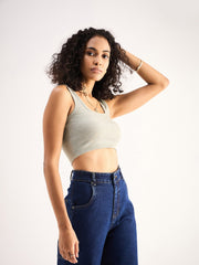 Women Grey Rib Square Neck Cropped Tank Top