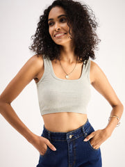 Women Grey Rib Square Neck Cropped Tank Top