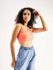 Women Peach Rib Square Neck Cropped Tank Top