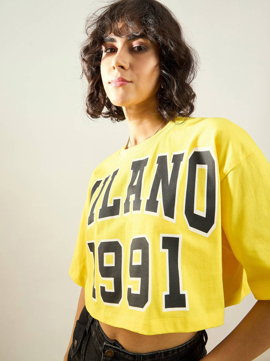 Women Yellow MILANO 1991 Printed Crop T-shirt