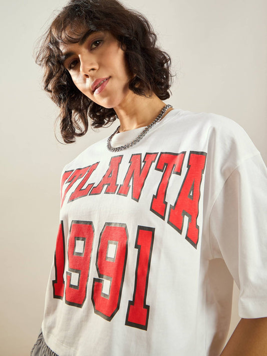 Women White ATLANTA Printed Crop T-shirt