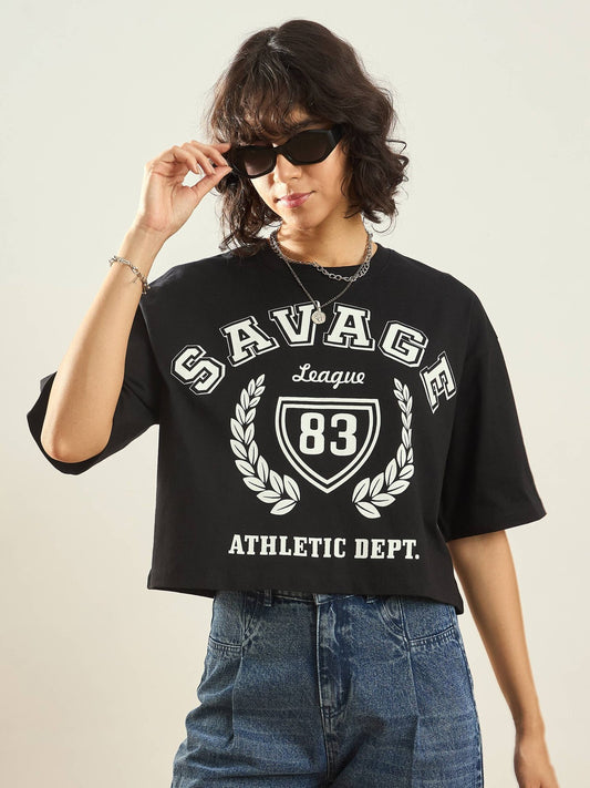 Women Black SAVAGE Printed Crop T-shirt