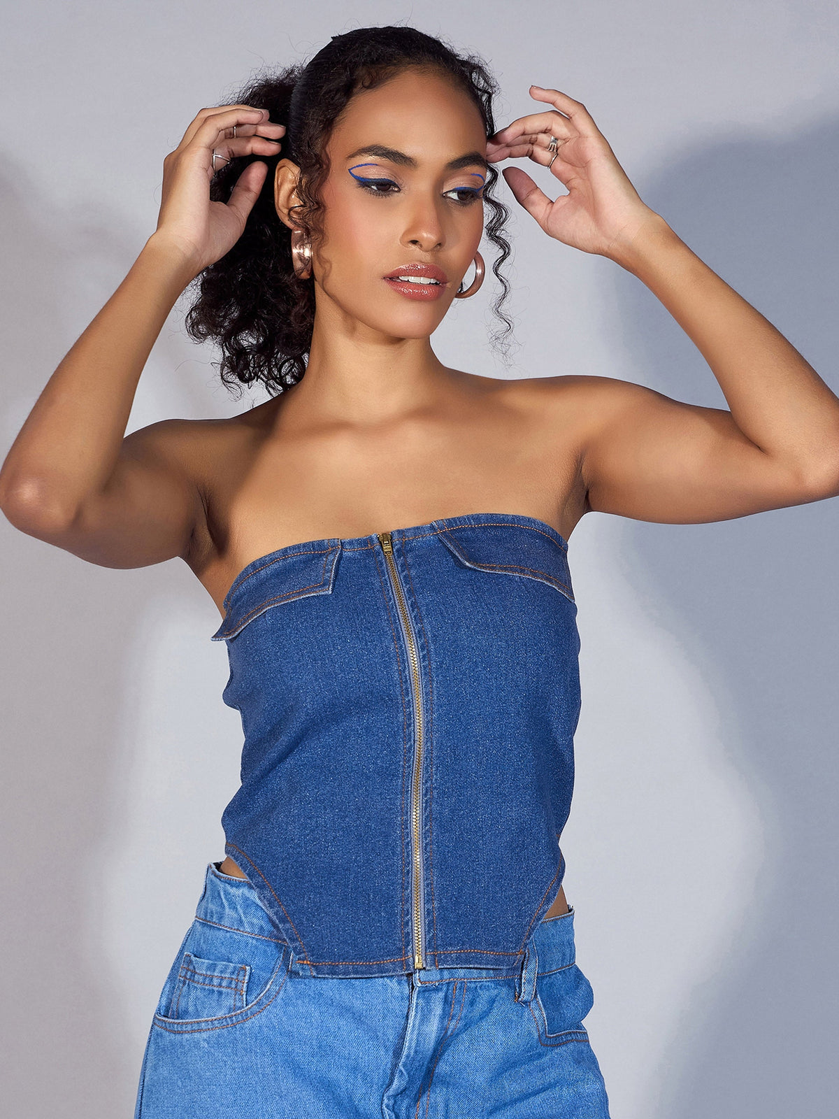 Women Blue Denim Zipper Tube Top