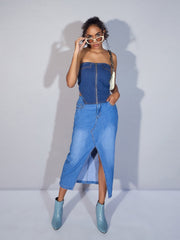 Women Blue Denim Zipper Tube Top