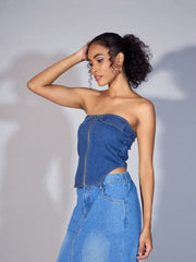 Women Blue Denim Zipper Tube Top